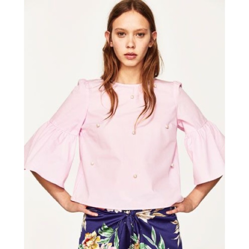 ZARA Pink Bell Sleeve Pearl Top
